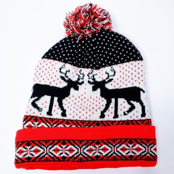 Winter Holiday Light Up Pom Top Nordic Style Beanie Toboggan OS - Picture 3 of 6